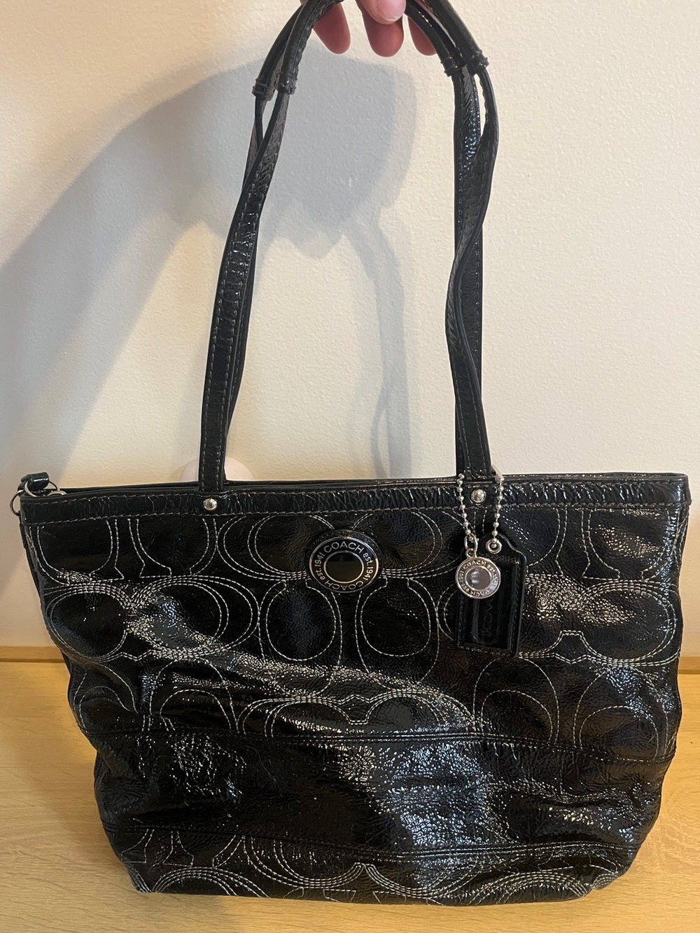 Coach Black Patent Signature Circle Tote
